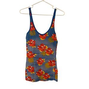 Hollister Womens Size Large Long Tank Top Shirt Blue Red Floral Hibiscus Scoop N